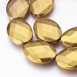 Golden Plated Electroplated Non-magnetic Synthetic Hematite Beads Strands, Polish, Faceted, Oval, Golden Plated, 25x18x5.5mm, Hole: 1mm, about 16pcs/strand, 15.74 inch(40cm)