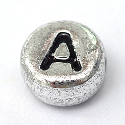 Letter A Perles de lettre à trou horizontal en acrylique plaqué, plat rond, letter.a, 7x4mm, Trou: 1.3mm, environ3600 pcs / 500 g
