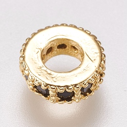 Doré  Micro cuivres ouvrent cubes entretoises de perles de zircone, plat rond, noir, or, 6x2mm, Trou: 2.5mm