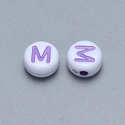 Letter M Craft Acrylic Horizontal Hole Letter Beads, Flat Round, Mixed Color, Letter.M, 7x3.5~4mm, Hole: 1.5mm, about 3600pcs/500g