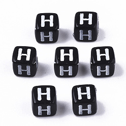 Letter H Opaque Acrylic Beads, Horizontal Hole, Alphabet Style, Cube, Black & White, Letter.H, 5x5x5mm, Hole: 2mm, about 5000pcs/500g