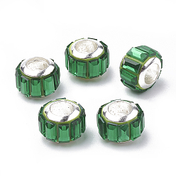 Green Glass European Beads, Large Hole Beads, with Brass Core, Faceted, Rondelle, Silver Color Plated, Green, 9x7mm, Hole: 5mm