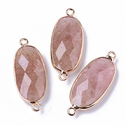 Strawberry Quartz Natural Strawberry Quartz Links Connectors, with Light Gold Plated Edge Brass Loops, Oval, Faceted, 27x11x5.5mm, Hole: 2mm