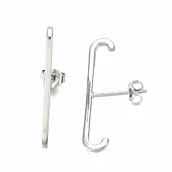 Real Platinum Plated Brass Stud Earrings, Minimalist Suspender Earring, with Ear Nuts, Nickel Free, Bar, Real Platinum Plated, 27x1.5mm, Pin: 0.7mm