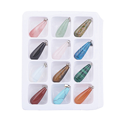 Mixed Color Gemstone Pendants, with Brass Clasps, Mixed Stone, teardrop, Mixed Color, 30x11mm, Hole: 6x2mm, 12pcs/box