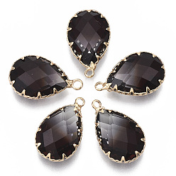 Brun De Noix De Coco K 9 pendentifs en tourmaline imitation verre, avec les accessoires en laiton de tonalité d'or, facette, larme, brun coco, 23x13.5~14x8mm, Trou: 2mm