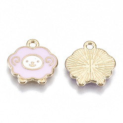 Pink Alloy Enamel Charms, Cadmium Free & Lead Free, Sheep, Light Gold, Pink, 14x14x1mm, Hole: 1.5mm