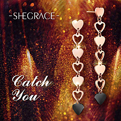 Rose Gold SHEGRACE Titanium Steel Dangle Stud Earrings, Heart, Rose Gold, 56.7mm, Heart: 6.7x7mm