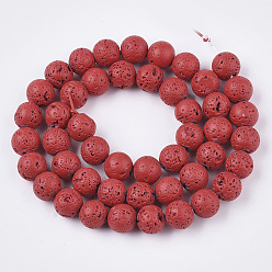 Rouge Brins de perles de pierre de lave naturelle peintes à la bombe, ronde, rouge, 10~11mm, Trou: 1.4mm, Environ 37~39 pcs/chapelet, 14.96 pouce (38 cm)