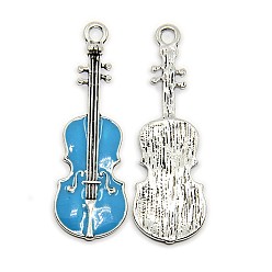 Deep Sky Blue Violin Antique Silver Tone Alloy Enamel Pendants, Deep Sky Blue, 50x18x2mm, Hole: 3mm