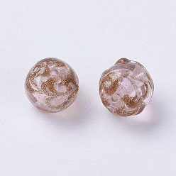 Pink Handmade Silver Foil Lampwork Beads, with Gold Sand, Round, Pink, 12mm, Hole: 1mm