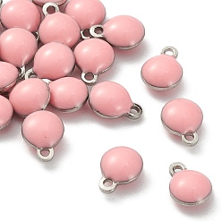 Бледно-Розовый 304 из нержавеющей стали шармы эмали, эмалированные блестки, плоско-круглые, цвет нержавеющей стали, розовый жемчуг, 6.5x4.5x2.5 мм, отверстие : 0.8 мм
