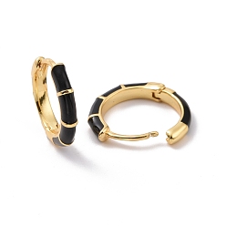 Real 18K Gold Plated Black Enamel Bamboo Shape Hoop Earrings, Rack Plating Brass Jewelry for Women, Cadmium Free & Lead Free, Real 18K Gold Plated, 16x2.5mm, Pin: 1mm