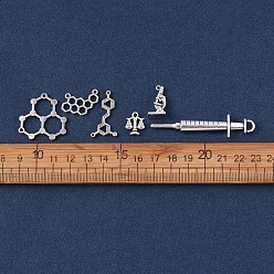 Antique Silver Science/Chemistry Theme, Tibetan Style Zinc Alloy Pendants, Microscope & Measuring Cylinder & Scale & Molecule & Injection Syringe Shape, Antique Silver, 28pcs/set