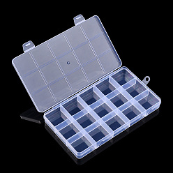 Clear Plastic Bead Storage Containers, 15 Compartments, Rectangle, Clear, 17.3x10.3x1.9cm, Hole: 6mm, compartment: 30x33mm