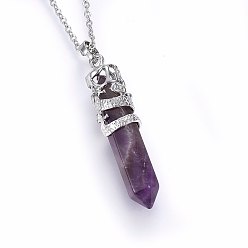 Amethyst Natural Amethyst Pendant Necklaces, with 304 Stainless Steel Cable Chains, Bullet with Dragon, 19.68 inch(50cm), Pendant: 54x11mm