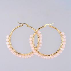 Quartz Rose Boucles d'oreilles en perles, avec naturel a augmenté perles de quartz, plaqué or 304 en acier inoxydable boucles d'oreilles, 50 mm, broches: 0.6x1 mm