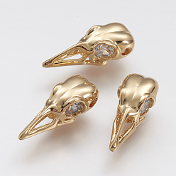 Real 18K Gold Plated Brass Micro Pave Grade AAA Cubic Zirconia Beads, Bird Skull, Cadmium Free & Nickel Free & Lead Free, Real 18K Gold Plated, 18x7x5.5mm, Hole: 2mm