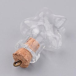 Clear Glass Bottle Pendants, with Wood Cork Stopper, Mixed Shapes, Clear, 32.5~34.5x15~22x11~20mm, Hole: 1.5mm, Bottle Capacity: 1~2.5ml(0.03~0.08 fl. oz)