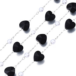 Black Glass Heart & ABS Plastic Pearl Beaded Chains, with Stainless Steel Color Plated 316 Stainless Steel Paperclip Chains, Soldered, Faceted, with Spool, Black, 8x8x6mm, about 16.40 Feet(5m)/Roll