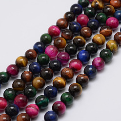 Mixed Color Natural Tiger Eye Beads Strands, Round, Dyed, Mixed Color, 6mm, Hole: 1mm, about 63pcs/strand, 14.96 inch(38cm)