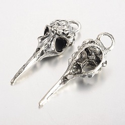 Antique Silver Tibetan Style Alloy Pendants, Raven Skull, Cadmium Free & Lead Free, Antique Silver, 39~42.5x12.5x8mm, Hole: 5x4mm, about 220pcs/1000g