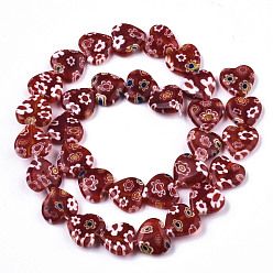 Brique Rouge Brins de perles au chalumeau fait main millefiori, cœur, firebrick, 11~12x12x4~5mm, Trou: 1mm, Environ 32~33 pcs/chapelet, 12.72 pouces ~ 13.78 pouces (32.3~35 cm)