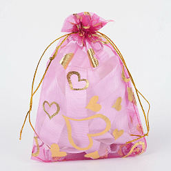 Orchid Heart Printed Organza Bags, Gift Bags, Rectangle, Orchid, 14x10cm