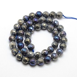 Labradorite Electroplate Natural Labradorite Beads Strands, Round, Faceted, 6mm, Hole: 1mm, about 63pcs/strand, 15.5 inch