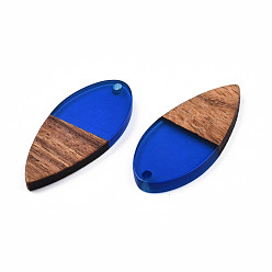 Blue Transparent Resin & Walnut Wood Pendants, Teardrop Shape Charm, Blue, 38x18x3mm, Hole: 2mm