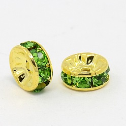 Peridot Brass Grade A Rhinestone Spacer Beads, Golden Plated, Rondelle, Nickel Free, Peridot, 8x3.8mm, Hole: 1.5mm