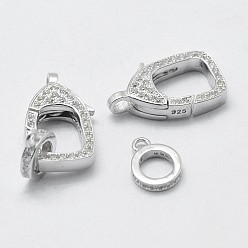 Platinum Rhodium Plated 925 Sterling Silver Cubic Zirconia Lobster Claw Clasps, with 925 Stamp, Rectangle, Platinum, 25x12x3mm, Hole: 1mm and 2mm