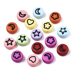 Mixed Color Opaque Acrylic Beads, with Enamel, Flat Round with Heart & Star & Moon & Flower
, Mixed Color, 7x4mm, Hole: 1.5mm, about 3670pcs/500g