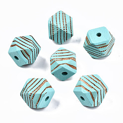 Cyan Painted Natural Wood Beads, Laser Engraved Pattern, Faceted, Polygon with Zebra-Stripe, Cyan, 16x15.5~16.5x15.5~16.5mm, Hole: 3mm