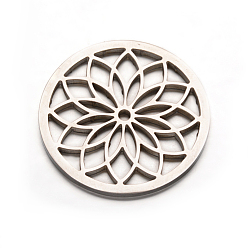 Stainless Steel Color Flat Round with Flower 304 Stainless Steel Beads, Stainless Steel Color, 35mm, Hole: 2mm
