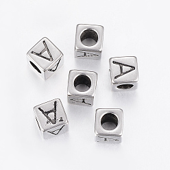 Antique Silver 304 Stainless Steel Large Hole Letter European Beads, Cube with Letter.A, Antique Silver, 8x8x8mm, Hole: 5mm