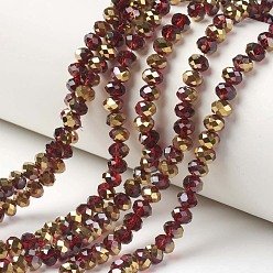 Rouge Foncé Plaquent verre transparent perles brins, la moitié plaqué or, facette, rondelle, rouge foncé, 6x5mm, Trou: 1mm, Environ 85~88 pcs/chapelet, 16.1~16.5 pouce (41~42 cm)