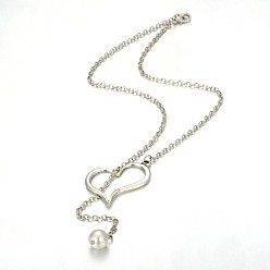 Creamy White Alloy Silver Color Plated Heart Lariat Necklaces, with Glass Pearl Beads, Iron Cable Chains and Zinc Alloy Lobster Claw Clasps, Creamy White, 20.2 inch