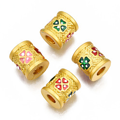 Red Rack Plating Alloy Enamel Beads, Cadmium Free & Lead Free, Matte Gold Color, Column, Red, 9.5x9mm, Hole: 3mm