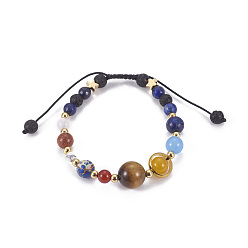 Mixed Stone Natural Mixed Stone Braided Beads Bracelets, with Brass Findings and Nylon Cord, Universe Galaxy The Nine Planets Guardian Star, Lead Free & Cadmium Free , 2 inch(5cm)~2-3/4 inch(7cm)