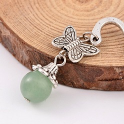 Mixed Stone Antique Silver Plated Alloy Butterfly Bookmarks, with Natural Gemstone Beads, 84x17mm