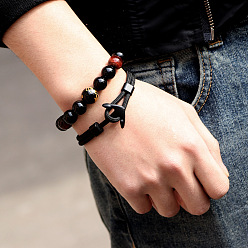 Black Polyester Cord Multi-strand Bracelets, with Alloy Anchor Clasps, Gunmetal, Black, 21cm