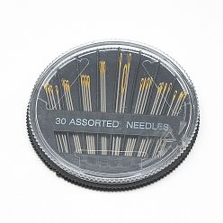 Golden Steel Sewing Needles, Golden, 31~51x0.7~1.0mm, hole: 0.5x1~9mm, about 18pcs/box