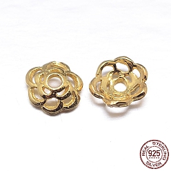 Real 18K Gold Plated Real 18K Gold Plated 6-Petal 925 Sterling Silver Bead Caps, Flower, Golden, 6.6x2mm, Hole: 1.5mm, about 125pcs/20g
