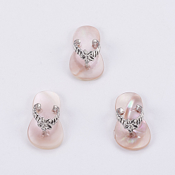 Pink Shell Sea Shell Pendants, with Platinum Tone Brass Bail, Slipper, 22.5x12.5x7.5~8mm