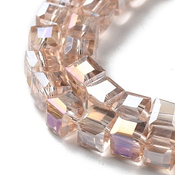 Wheat Electroplate Glass Beads Strands, AB Color Plated, Faceted, Cube, Wheat, 6x6x6mm, Hole: 1mm
