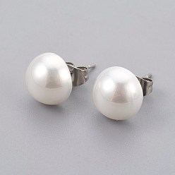 Stainless Steel Color Shell Pearl Beads Ear Studs, with 304 Stainless Steel Findings, Flat Round, Stainless Steel Color, 10x6mm, Pin: 0.7mm