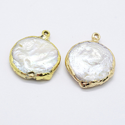 Golden Natural Cultured Freshwater Pearl Pendants, with Brass Findings, Flat Round, Golden, 20~26x16~20x4~6mm, Hole: 1mm