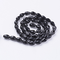 Black Glass Beads Strands, Faceted, teardrop, Black, 15x10mm, Hole: 1mm, about 48~50pcs/strand, 26.6 inch