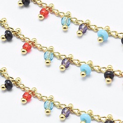 Colorful Handmade Glass Beaded Chains, Soldered, with Spool, Brass Chain, Golden, Long-Lasting Plated, Colorful, 6x2mm, Chain: about 2mm wide, about 32.8 Feet(10m)/roll